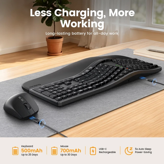 Alt view image 4 of 7 - Ergonomic Wireless Keyboard and Mouse, Rechargeable, Split, Win/Mac | Full-Size Split Curved Keyboard, Ergonomic Mouse, 2.4GHz, Cushioned Wrist Rest, Shortcut & Emoji Keys, Adjustable Tilt Legs