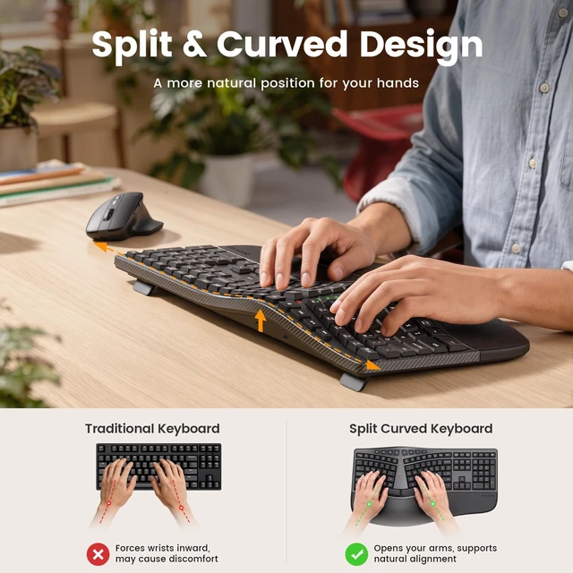 Alt view image 6 of 7 - Ergonomic Wireless Keyboard and Mouse, Rechargeable, Split, Win/Mac | Full-Size Split Curved Keyboard, Ergonomic Mouse, 2.4GHz, Cushioned Wrist Rest, Shortcut & Emoji Keys, Adjustable Tilt Legs