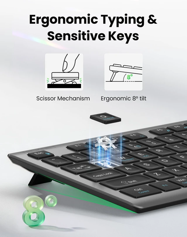 Alt view image 3 of 7 - 2.4G Rechargeable Ultra-Slim Wireless Keyboard and Mouse Combo | 2.4G Stable Connection, Full-Size Scissor Switch Keyboard with 12 Multimedia Keys, Silent Mouse, Ergonomic Design, Grey