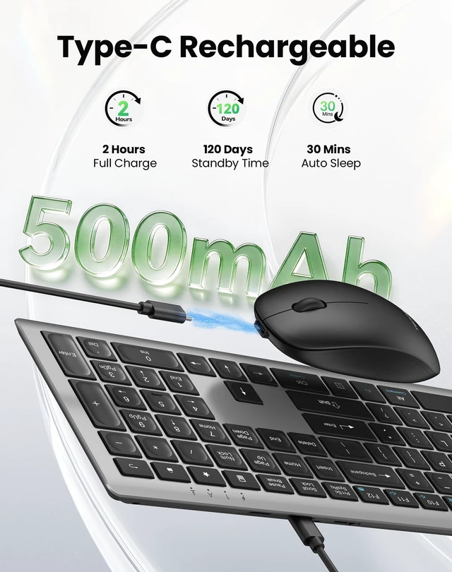 Alt view image 4 of 7 - 2.4G Rechargeable Ultra-Slim Wireless Keyboard and Mouse Combo | 2.4G Stable Connection, Full-Size Scissor Switch Keyboard with 12 Multimedia Keys, Silent Mouse, Ergonomic Design, Grey