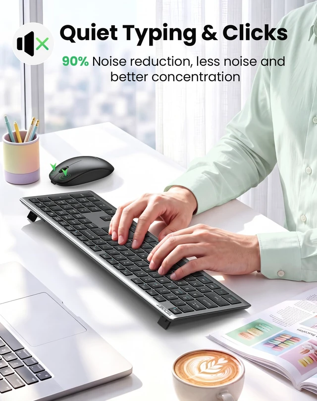Alt view image 5 of 7 - 2.4G Rechargeable Ultra-Slim Wireless Keyboard and Mouse Combo | 2.4G Stable Connection, Full-Size Scissor Switch Keyboard with 12 Multimedia Keys, Silent Mouse, Ergonomic Design, Grey