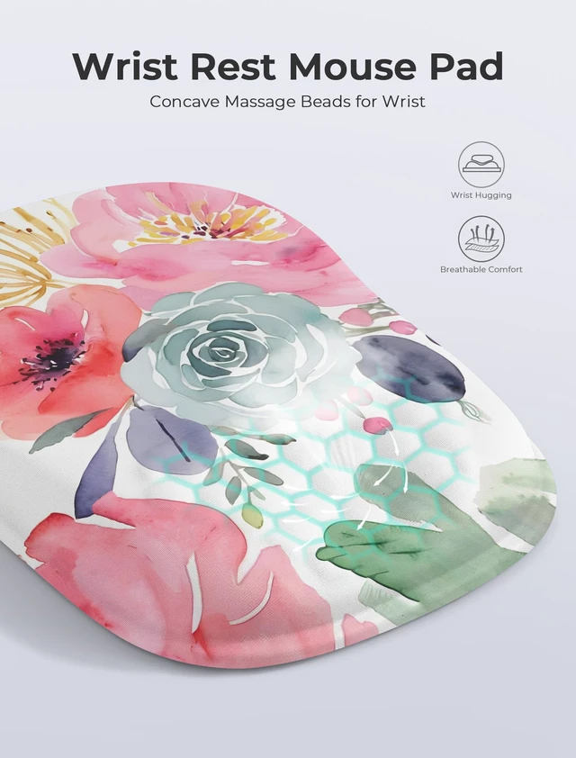 Alt view image 3 of 6 - Watercolor Floral Ergonomic Mouse Pad for Carpal Tunnel Pain Relief, 65% Usable Mouse Area, Memory Foam Concave Wrist Rest for Office, PC, Gaming
