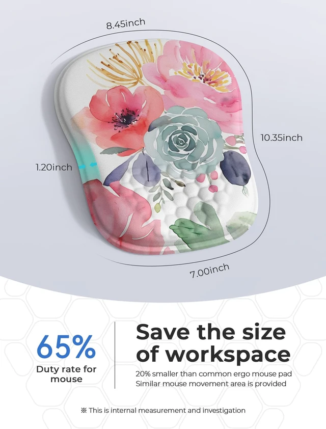 Alt view image 2 of 6 - Watercolor Floral Ergonomic Mouse Pad for Carpal Tunnel Pain Relief, 65% Usable Mouse Area, Memory Foam Concave Wrist Rest for Office, PC, Gaming
