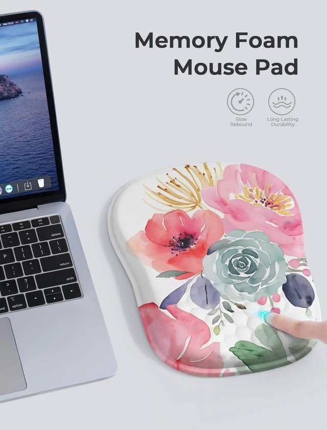 Alt view image 5 of 6 - Watercolor Floral Ergonomic Mouse Pad for Carpal Tunnel Pain Relief, 65% Usable Mouse Area, Memory Foam Concave Wrist Rest for Office, PC, Gaming