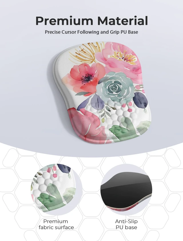 Alt view image 6 of 6 - Watercolor Floral Ergonomic Mouse Pad for Carpal Tunnel Pain Relief, 65% Usable Mouse Area, Memory Foam Concave Wrist Rest for Office, PC, Gaming