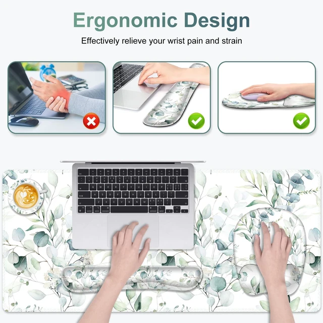 Alt view image 2 of 7 - Large Mouse Pad with Wrist Support 4in1 Set, XXL Big Game Mousepad +Keyboard Wrist Rest+Mouse Wrist Rest+Coaster with Ergonomic Design Gaming Mat for Home Office Computer I Eucalyptus Branches