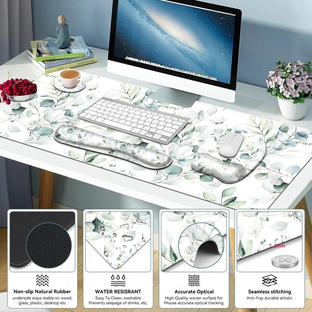 Alt view image 4 of 7 - Large Mouse Pad with Wrist Support 4in1 Set, XXL Big Game Mousepad +Keyboard Wrist Rest+Mouse Wrist Rest+Coaster with Ergonomic Design Gaming Mat for Home Office Computer I Eucalyptus Branches