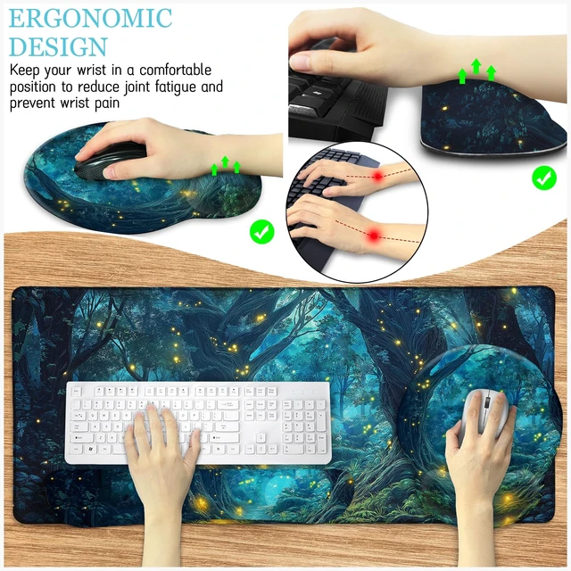 Alt view image 4 of 7 - Mouse Pad with Wrist Rest, Firefly Forest Computer Desk Mat Set | Ergonomic Wrist Rest for Computer Keyboard, Large Mouse Pads for Desk Gaming, Cute Aesthetics Home Office Desk Accessories