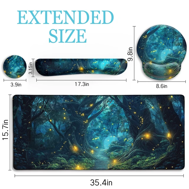 Alt view image 6 of 7 - Mouse Pad with Wrist Rest, Firefly Forest Computer Desk Mat Set | Ergonomic Wrist Rest for Computer Keyboard, Large Mouse Pads for Desk Gaming, Cute Aesthetics Home Office Desk Accessories