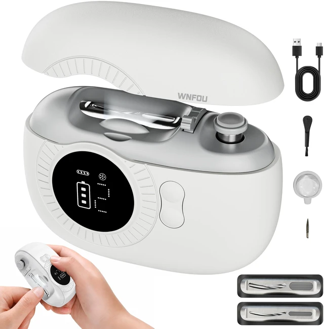 Main image of Electric Nail Clippers for Seniors with LED Light & 5X Magnifier | 2-Speed Automatic Fingernail Trimmer with Nail File, Clipping Catcher and USB-C Charging, White