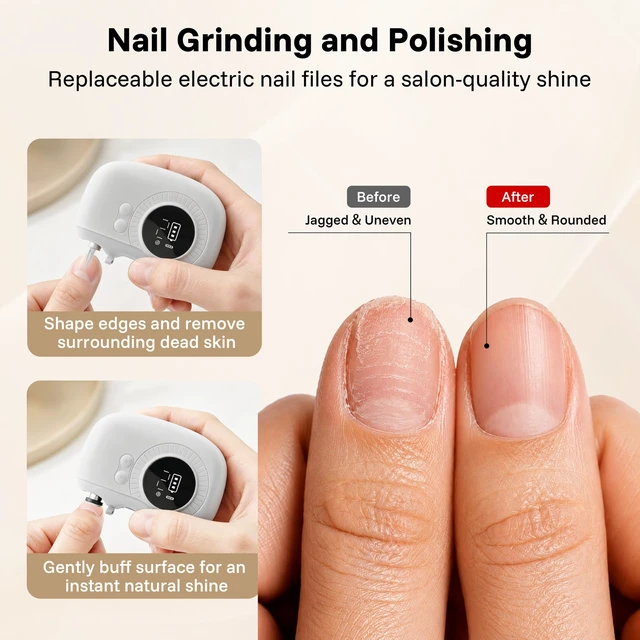 Alt view image 3 of 7 - Electric Nail Clippers for Seniors with LED Light & 5X Magnifier | 2-Speed Automatic Fingernail Trimmer with Nail File, Clipping Catcher and USB-C Charging, White