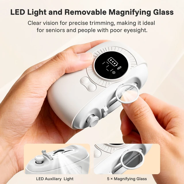 Alt view image 4 of 7 - Electric Nail Clippers for Seniors with LED Light & 5X Magnifier | 2-Speed Automatic Fingernail Trimmer with Nail File, Clipping Catcher and USB-C Charging, White