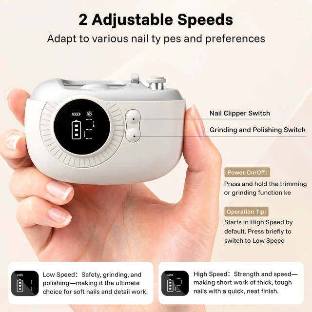 Alt view image 5 of 7 - Electric Nail Clippers for Seniors with LED Light & 5X Magnifier | 2-Speed Automatic Fingernail Trimmer with Nail File, Clipping Catcher and USB-C Charging, White