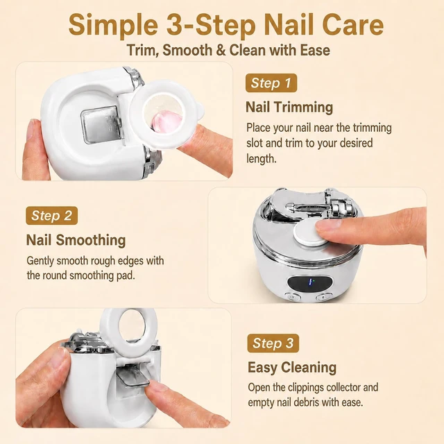 Alt view image 4 of 7 - Electric Nail Clippers for Seniors, Adjustable Dual Cutting Heads | 3-in-1 Trim, Grind & Polish, 3-Speed Rechargeable Clipper, LED Light, Magnifier, for Fingernails, Adults