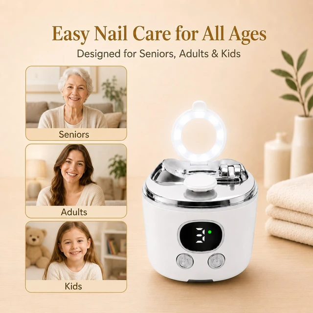 Alt view image 7 of 7 - Electric Nail Clippers for Seniors, Adjustable Dual Cutting Heads | 3-in-1 Trim, Grind & Polish, 3-Speed Rechargeable Clipper, LED Light, Magnifier, for Fingernails, Adults