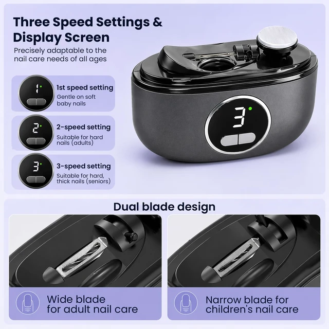 Alt view image 2 of 7 - Electric Nail Clipper, Automatic Nail Clipper 3 Speed Settings with Display Screen Smart 3-in-1 Electric Nail Trimmer USB Charging Electric Toenail Clippers, for Children, Adults, and the Elderly