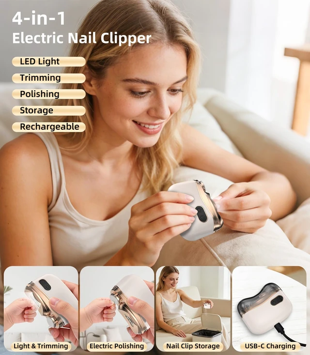 Alt view image 2 of 7 - Electric Nail Clipper with Polishing & LED Light & Nail Clippings Storage | 4 in 1 Automatic Nail Trimmer Kit & Professional Ingrown Nail Clipper, Toenail Clipper for Seniors, Baby & Adults, Off-White