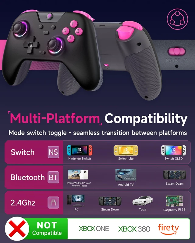 Alt view image 2 of 7 - X05 Wireless Controller for PC/Steam/Switch/iOS/Android, Black | Bluetooth & 2.4G & Wired, Bluetooth Gamepad with Hall Effect, RGB, Turbo, Anti-Drift Controller, with Extra Thumb Grips.