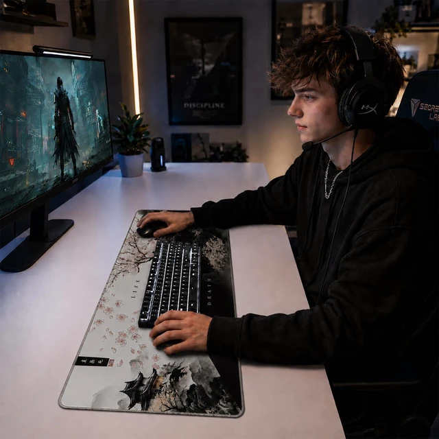 Alt view image 6 of 7 - Gaming Mouse Pad,Large Mousepad,XXL Keyboard Mat,Desk Protector | Waterproof,Non-Slip,Anti-fray edges,31.5"x11.9"Anime Black White Japanese Mouse Pads for Computer Laptop Desktop Game Office