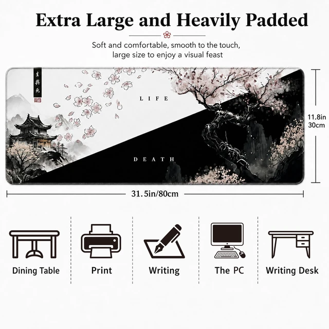 Alt view image 7 of 7 - Gaming Mouse Pad,Large Mousepad,XXL Keyboard Mat,Desk Protector | Waterproof,Non-Slip,Anti-fray edges,31.5"x11.9"Anime Black White Japanese Mouse Pads for Computer Laptop Desktop Game Office