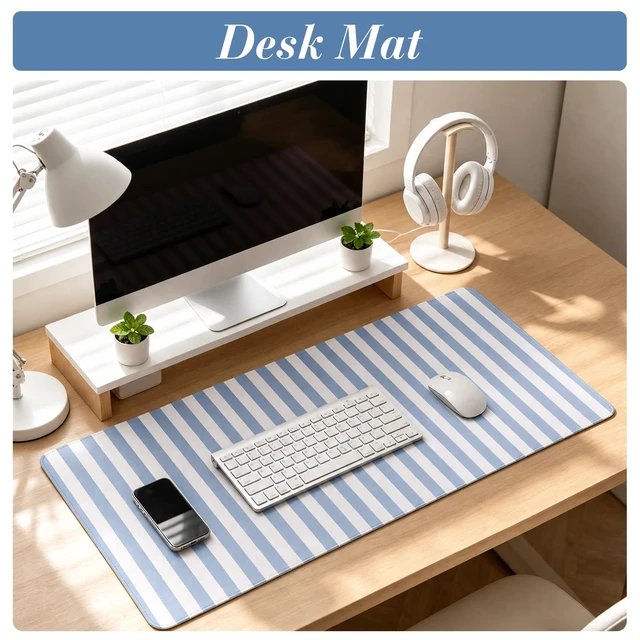 Alt view image 2 of 6 - Blue Striped Desk Mat Large Mouse Pad Cute Desk Pad Keyboard Computer Mat | Kawaii Aesthetic Laptop Gaming XXL Mousepad Home Office Decor