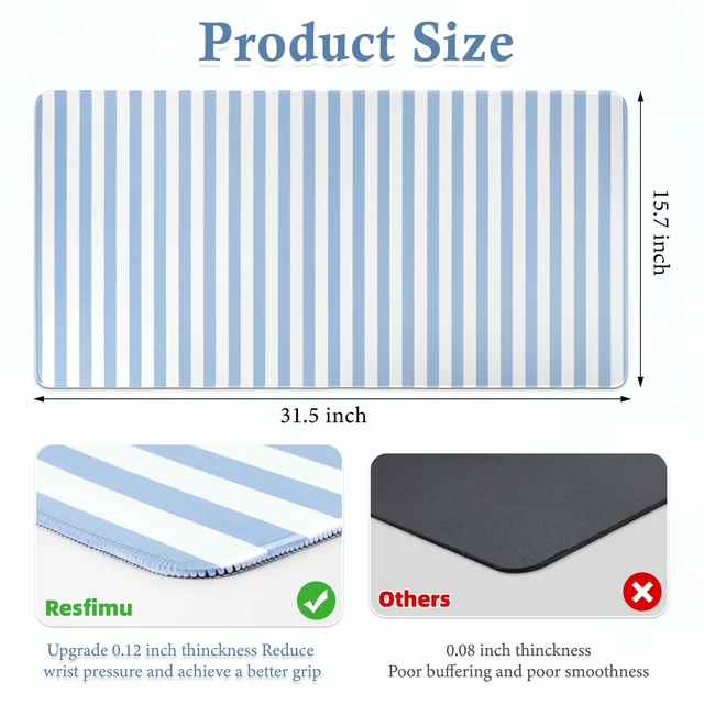 Alt view image 4 of 6 - Blue Striped Desk Mat Large Mouse Pad Cute Desk Pad Keyboard Computer Mat | Kawaii Aesthetic Laptop Gaming XXL Mousepad Home Office Decor