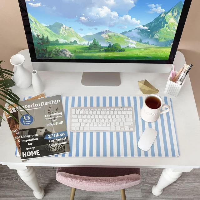 Alt view image 6 of 6 - Blue Striped Desk Mat Large Mouse Pad Cute Desk Pad Keyboard Computer Mat | Kawaii Aesthetic Laptop Gaming XXL Mousepad Home Office Decor