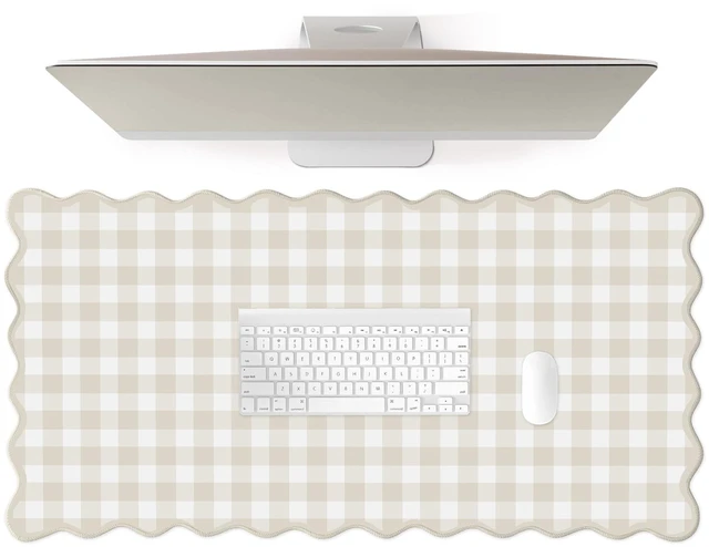 Main image of Scalloped Beige Checkered Gingham Desk Mat Cute Pastel Large Mouse Pad Kawaii Cottagecore Vintage Rustic Keyboard Pad Computer Mat for Desktop Aesthetic Cozy Office Desk Decor