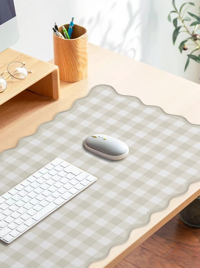 Alt view image 3 of 7 - Scalloped Beige Checkered Gingham Desk Mat Cute Pastel Large Mouse Pad Kawaii Cottagecore Vintage Rustic Keyboard Pad Computer Mat for Desktop Aesthetic Cozy Office Desk Decor