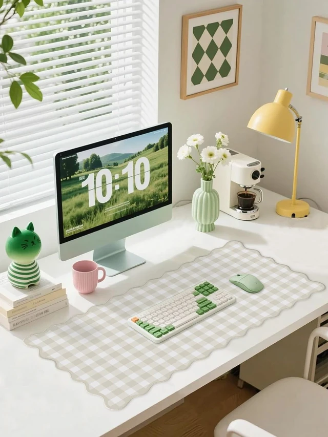 Alt view image 2 of 7 - Scalloped Beige Checkered Gingham Desk Mat Cute Pastel Large Mouse Pad Kawaii Cottagecore Vintage Rustic Keyboard Pad Computer Mat for Desktop Aesthetic Cozy Office Desk Decor