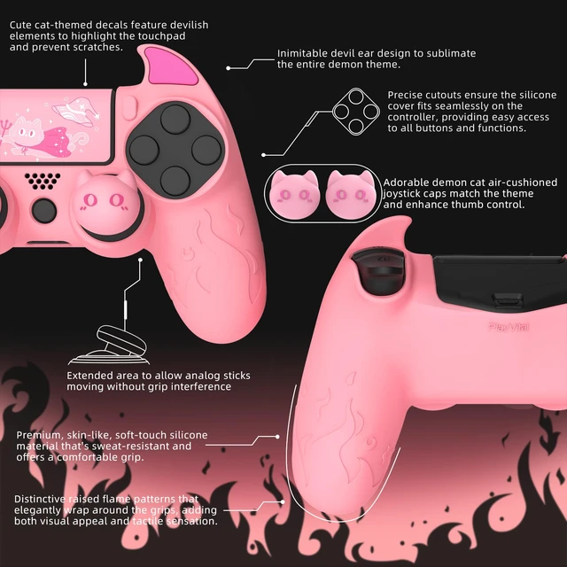 Alt view image 3 of 7 - Cute Demon Controller Skin for ps4 with Thumb Grips & Stickers, Kawaii Anti-Slip Silicone Cover Grip Protector for ps4 Slim/Pro Controller - Pink