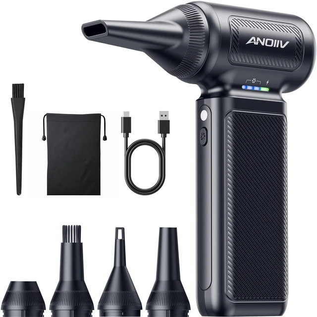 Main image of Compressed Air Duster, 130,000RPM, 3-Gear Adjustable, 5Nozzles | Electric Air Blower with Brushless Motor, Mini Dust Blower for Computer, Keyboard, House, Car, Outdoor, Black