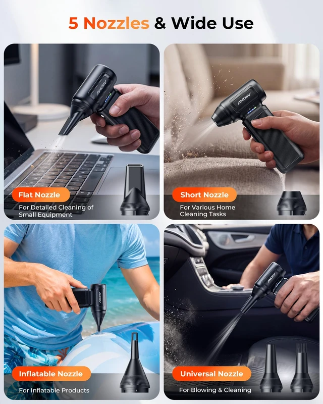 Alt view image 6 of 7 - Compressed Air Duster, 130,000RPM, 3-Gear Adjustable, 5Nozzles | Electric Air Blower with Brushless Motor, Mini Dust Blower for Computer, Keyboard, House, Car, Outdoor, Black