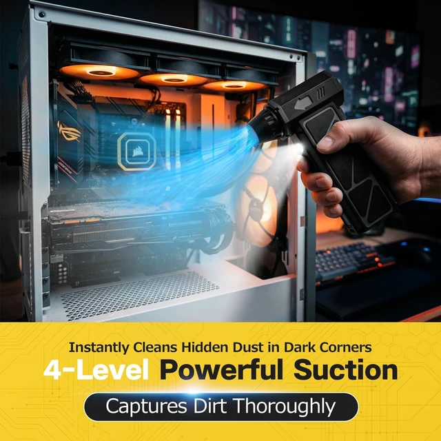 Alt view image 4 of 7 - Compressed Air Duster, Industry-First O-Shaped Air Duct 13-Blade Dual-Layer 4 Gear 6-in-1 Cordless Electric Mini Blower, LED Light & Window Breaker, Nozzles for PC, Keyboard, Car, Home, Outdoor