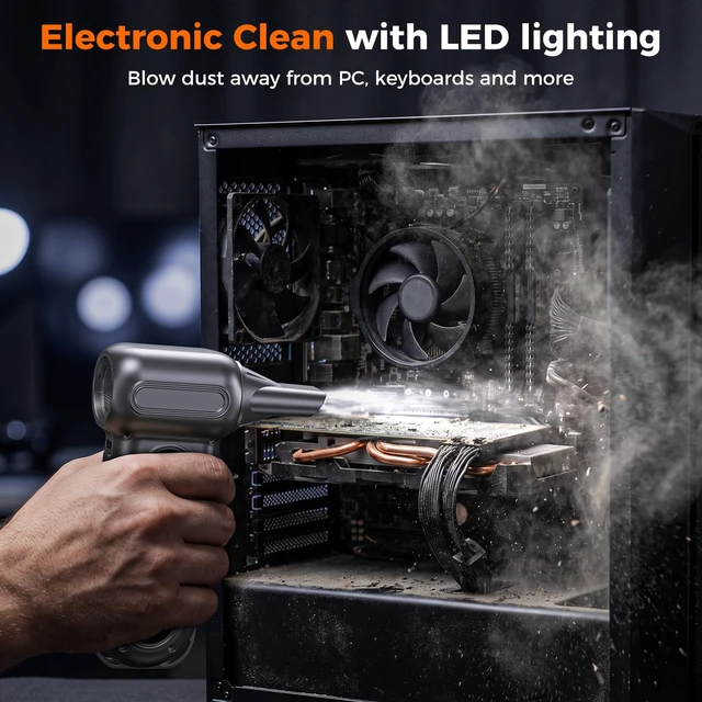 Alt view image 4 of 7 - Compressed Air Duster, 150000RPM Electric Air Duster, 4-Gear Adjustable | Brushless Motor, with LED Light, Type-C Fast Charging, Rechargeable Air Blower for PC, Keyboard, Car, Home, Outdoor