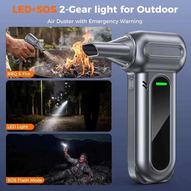 Alt view image 6 of 7 - Compressed Air Duster, 150000RPM Electric Air Duster, 4-Gear Adjustable | Brushless Motor, with LED Light, Type-C Fast Charging, Rechargeable Air Blower for PC, Keyboard, Car, Home, Outdoor