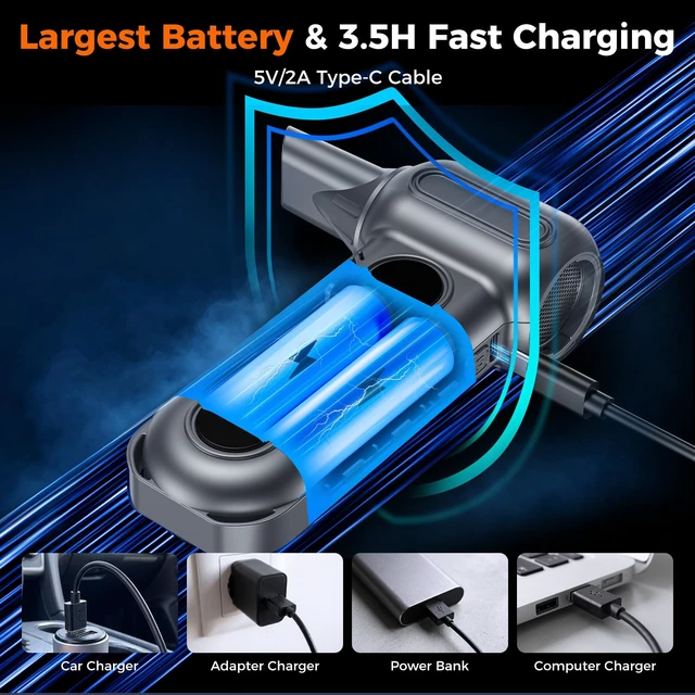 Alt view image 7 of 7 - Compressed Air Duster, 150000RPM Electric Air Duster, 4-Gear Adjustable | Brushless Motor, with LED Light, Type-C Fast Charging, Rechargeable Air Blower for PC, Keyboard, Car, Home, Outdoor