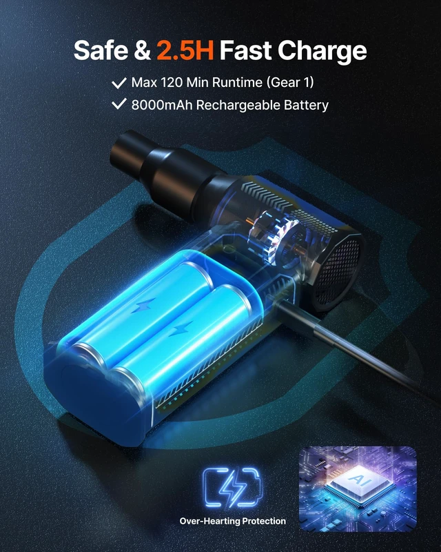Alt view image 7 of 7 - Compressed Air Duster, 130,000RPM Ultra-Powerful Electric Air Duster | 8000mAh Rechargeable Battery Cordless Blower, 4-Gear Adjustable Air Blower for Keyboard, Computer, Car - Blue