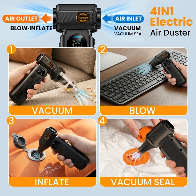 Alt view image 4 of 7 - B50 Compressed Air Duster & Vacuum Cleaner, 4-in-1 150,000RPM Turbo Fan | 69 m/s Airflow, Stepless Speed Control, Smart Display, 0.6 lb, 6 Nozzles & Brush, for Computer, Keyboard, Home & Bag Sealing