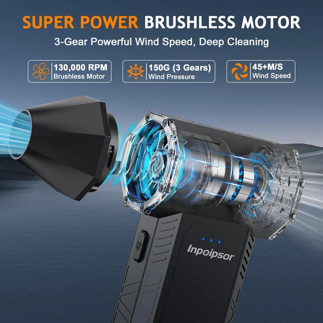 Alt view image 2 of 7 - Compressed Air Duster - 130000RPM Powerful Electric Air Duster, 3 Gear Adjustable Cordless Air Blower, Rechargeable Dust Cleaner for Keyboard, Computer, Home, Outdoor, Car