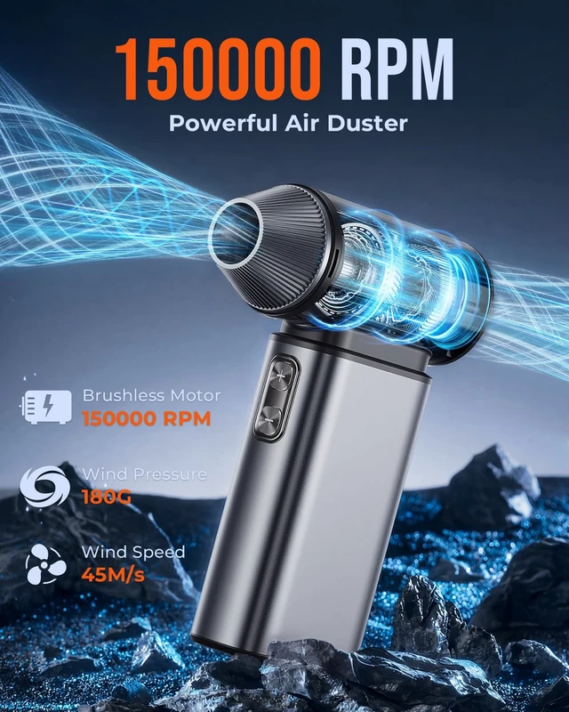 Alt view image 2 of 7 - Compressed Air Duster Electric 150000RPM Super Power Mini Air Blower | 6 Gears Adjustable Rechargeable Cordless Duster for Keyboard Computer Car Home Cleaning, Replaces Compressed Air Cans
