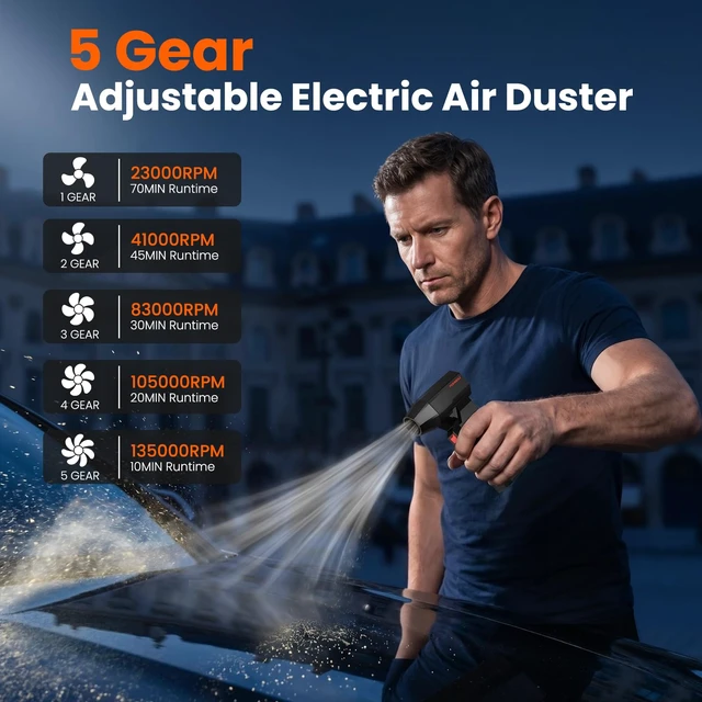 Alt view image 5 of 7 - Compressed Air Duster, 130000RPM Electric Air Duster with Brushless Motor, 5 Gear Adiustable Cordless Air Blower, Rechargeable Mini Blower for PC, Keyboard, Home Cleaning, Outdoor and Car