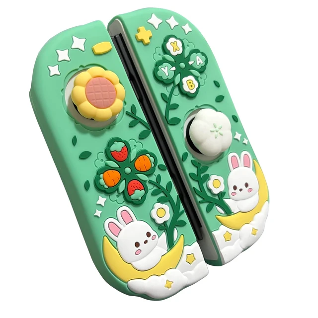 Alt view image 4 of 7 - Silicone Ergonomic Protective Case for Nintendo Switch/Switch OLED Controllers with 2 Silicone Thumb Grips, Cute Bunny & Flower Design, Green