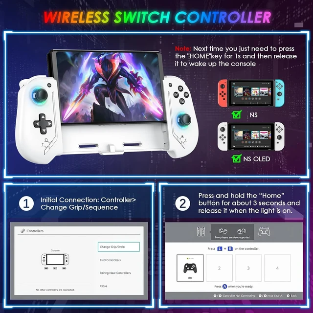 Alt view image 6 of 7 - Switch Controllers Compatible with Nintendo Switch/OLED, Hall Effect One-Piece Controllers with 6-Axis Gyro, Motion Control, Wake-up, Dual Vibration, Turbo, 1000mAh Battery, White
