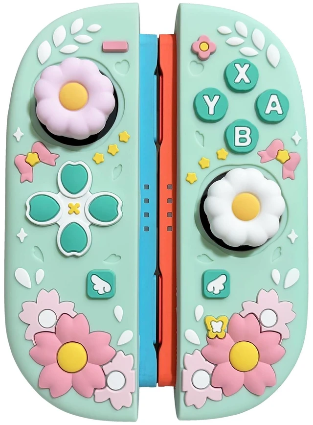 Main image of Cute Silicone Controllers Protective Case for Nintendo Switch 2 (2025) with 2 Silicone Thumb Grips Caps, Sakura Design Ergonomic Cover, Mint Green