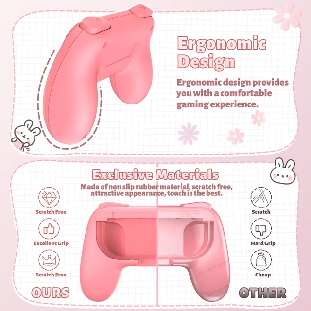 Alt view image 2 of 7 - Switch Controller Grips for Nintendo Switch/OLED for JoyCons | Wear-Resistant Switch Controllers Holder Handle Kit, Ergonomic Design, 6 Non-Slip Thumb Grip Caps for Joycon, Pink, 2 Pack