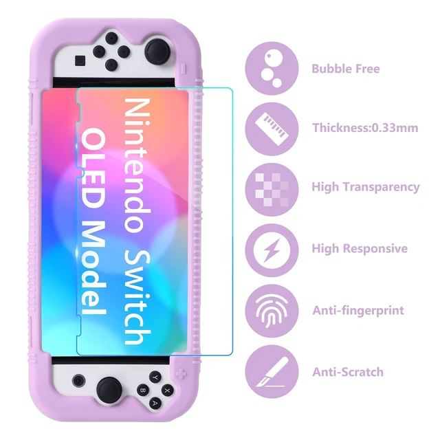 Alt view image 6 of 7 - Silicone Case for Nintendo Switch OLED with Screen Protector, Purple | Standable design, Shockproof Protective Cover Compatible with Switch OLED, Ergonomic Grip Case with 2 Game Cards Slots