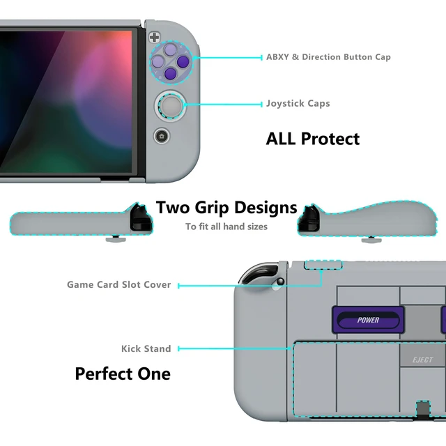 Alt view image 3 of 7 - AlterGrips Protective Slim Case for Nintendo Switch OLED, Ergonomic Grip Cover for Joycon, Dockable Hard Shell for Switch OLED w/Thumb Grip Caps & Button Caps - Classics SNES Style