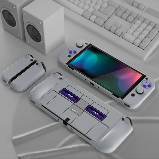 Alt view image 4 of 7 - AlterGrips Protective Slim Case for Nintendo Switch OLED, Ergonomic Grip Cover for Joycon, Dockable Hard Shell for Switch OLED w/Thumb Grip Caps & Button Caps - Classics SNES Style