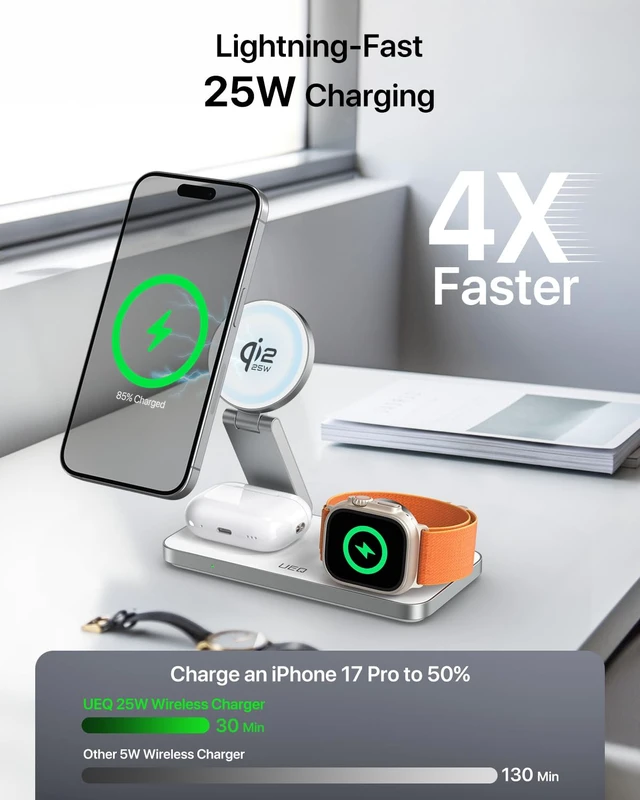 Alt view image 2 of 7 - 3-in-1 Charging Station for Apple Devices,QI2.2 25W Ultra-Fast Magnetic Wireless Charger Stand,Compatible with MagSafe,Foldable Travel Charger for iPhone Air/17/16/15/14/13/12,Apple Watch,AirPods